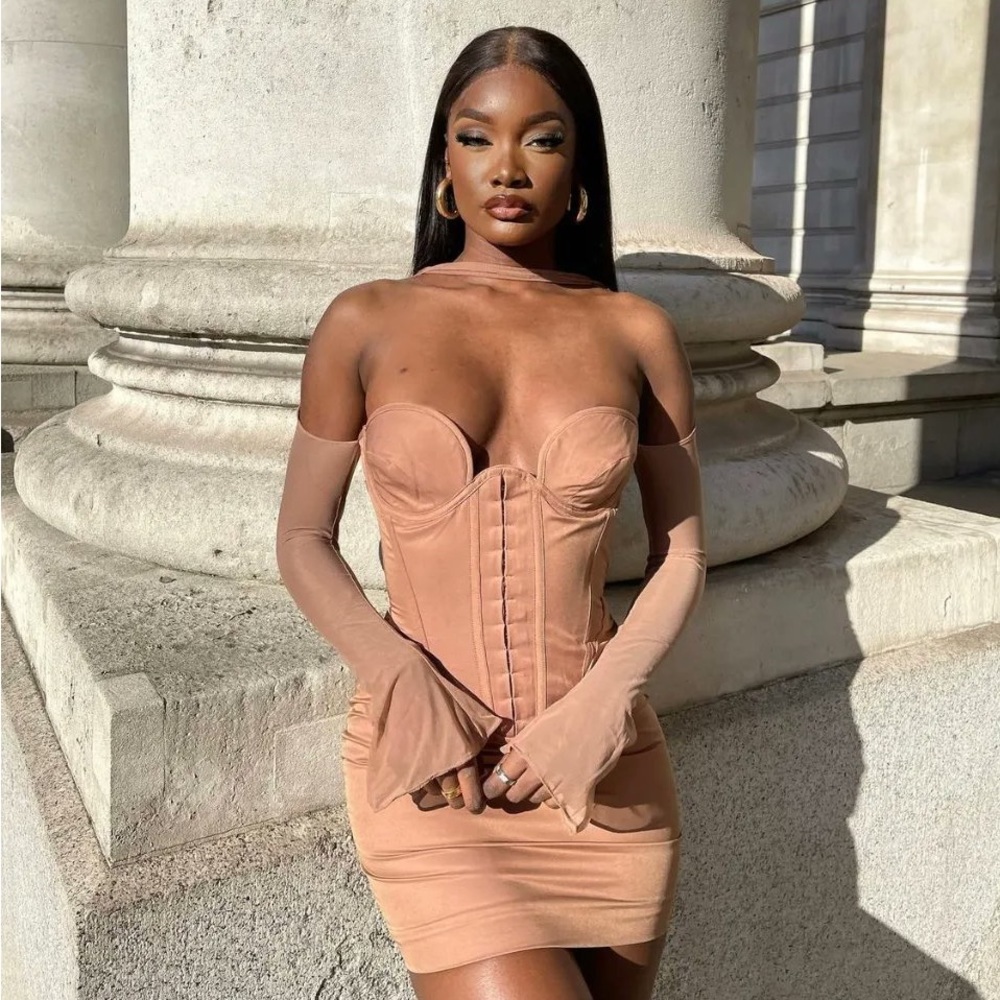 House of CB Mayara Mocha Mesh Structured Corset Mini Dress - Picture 12 of 16